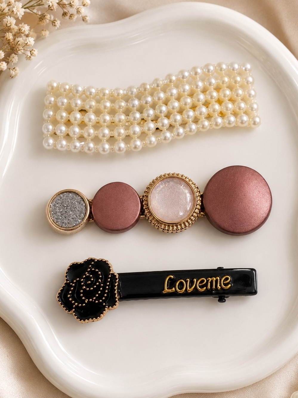 2 for $18 Neutral / Coquette Hair Clip Set – Pearl, Pink & Rose Barrettes New